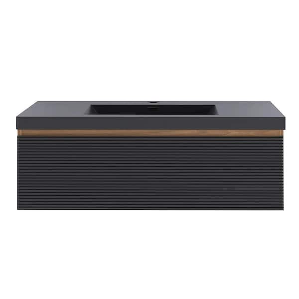 48 in. W x 20 in. D x 16 in. H Single Sink Wall-Mounted Bath Vanity in Mature Oak with Matte Black Resin Top