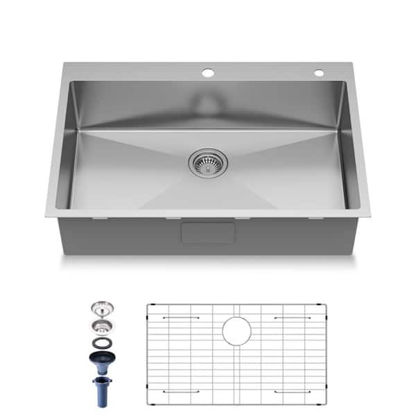 33 in. Drop-in Single Bowl 18-Gauge Stainless Kitchen Sink with Accessories and Gently Rounded Corners