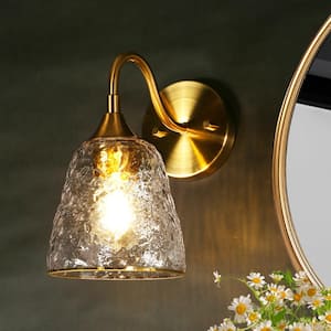 Modern Plated Brass Damp-rated Bell Bedroom Wall Sconce 1-Light Bathroom Vanity Light with Cone Clear Ripple Glass Shade