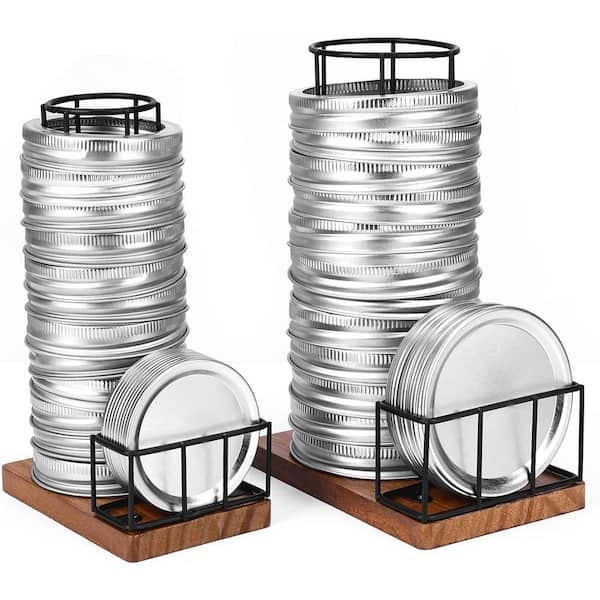 Black Finish Mason Jar Lid Organizer Drawer Organizer with Iron and Pine, Holds 20 Lids and 20 Rings, 2pcs