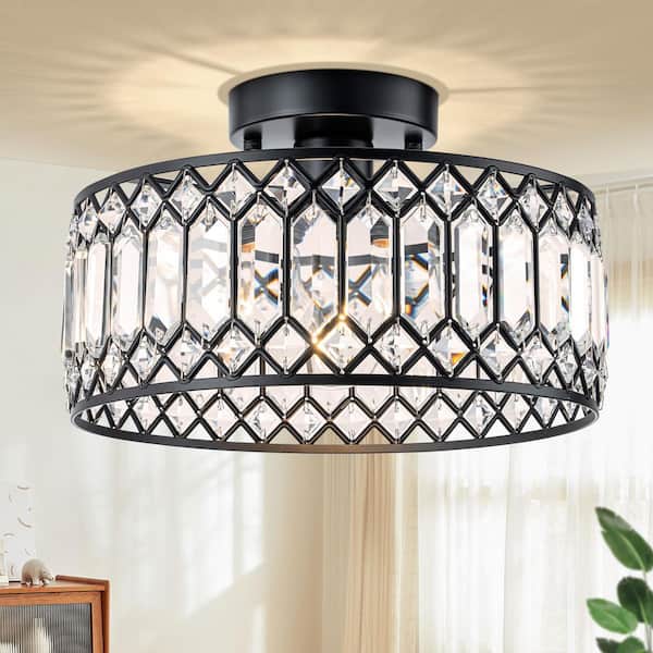 11.42 in. Black Modern Crystal Semi-Flush Mount Ceiling Light