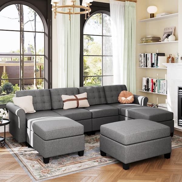 102.2 in. Flared Arm 7-Piece Modern Linen Sectional Sofa in Gray with 3-Ottoman