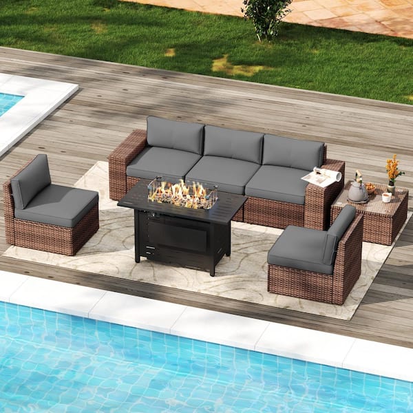 SUNMTHINK 7-Pieces Outdoor Wicker Patio Sectional Set with Fire Pit Table, Coffee Table, Gray Cushions