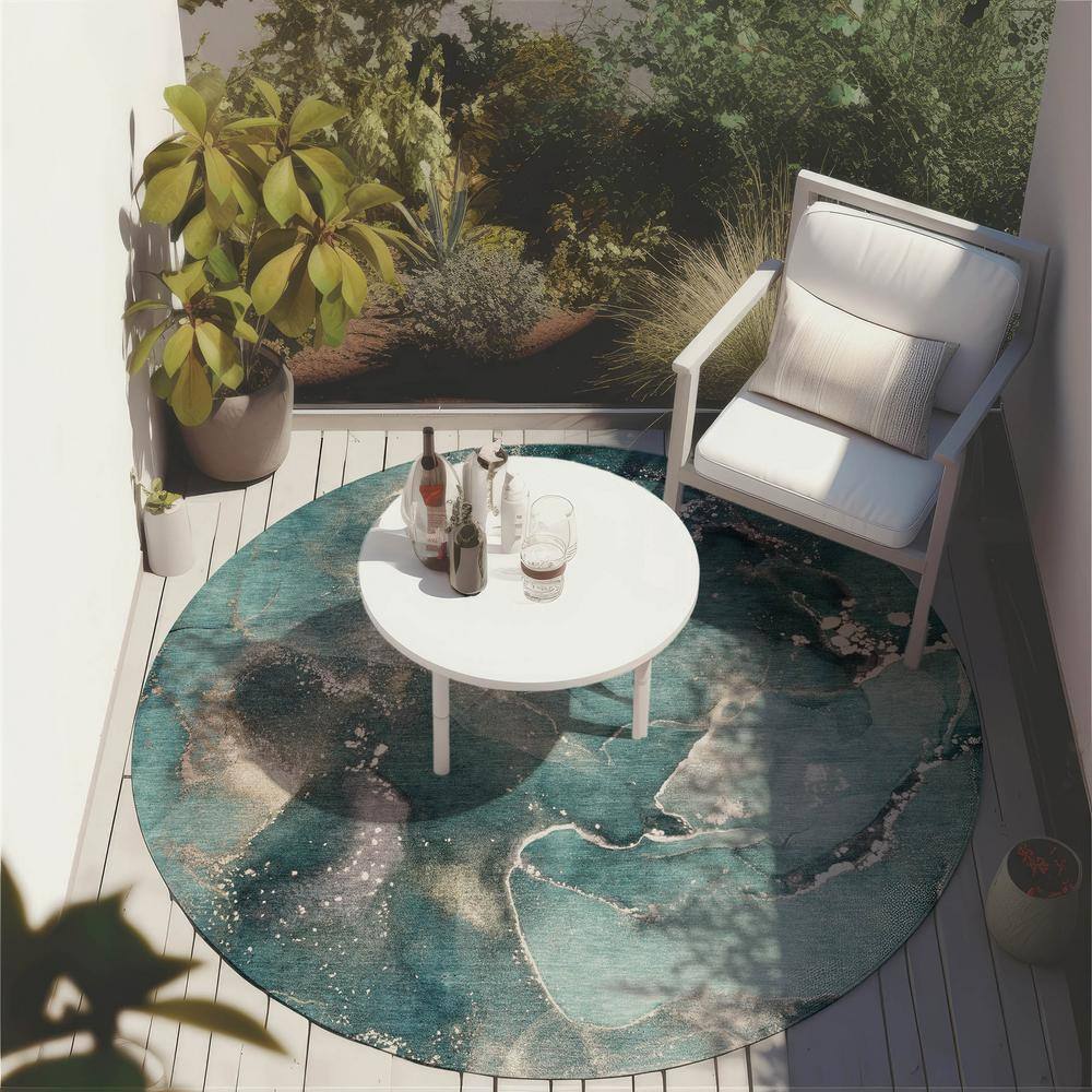 Teal Round Watercolor Pattern Machine Washable Area Rug