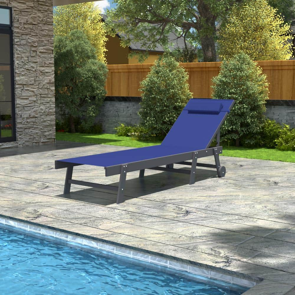 HDPE Chaise Lounge Chairs for Outside With 5-Position Recline Patio Furniture Fully Flat Daybed With Pillow, Blue -  VEIKOUS, PG0208-06BU-1