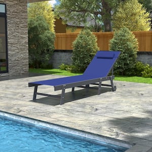 HDPE Chaise Lounge Chairs for Outside With 5-Position Recline Patio Furniture Fully Flat Daybed With Pillow, Blue