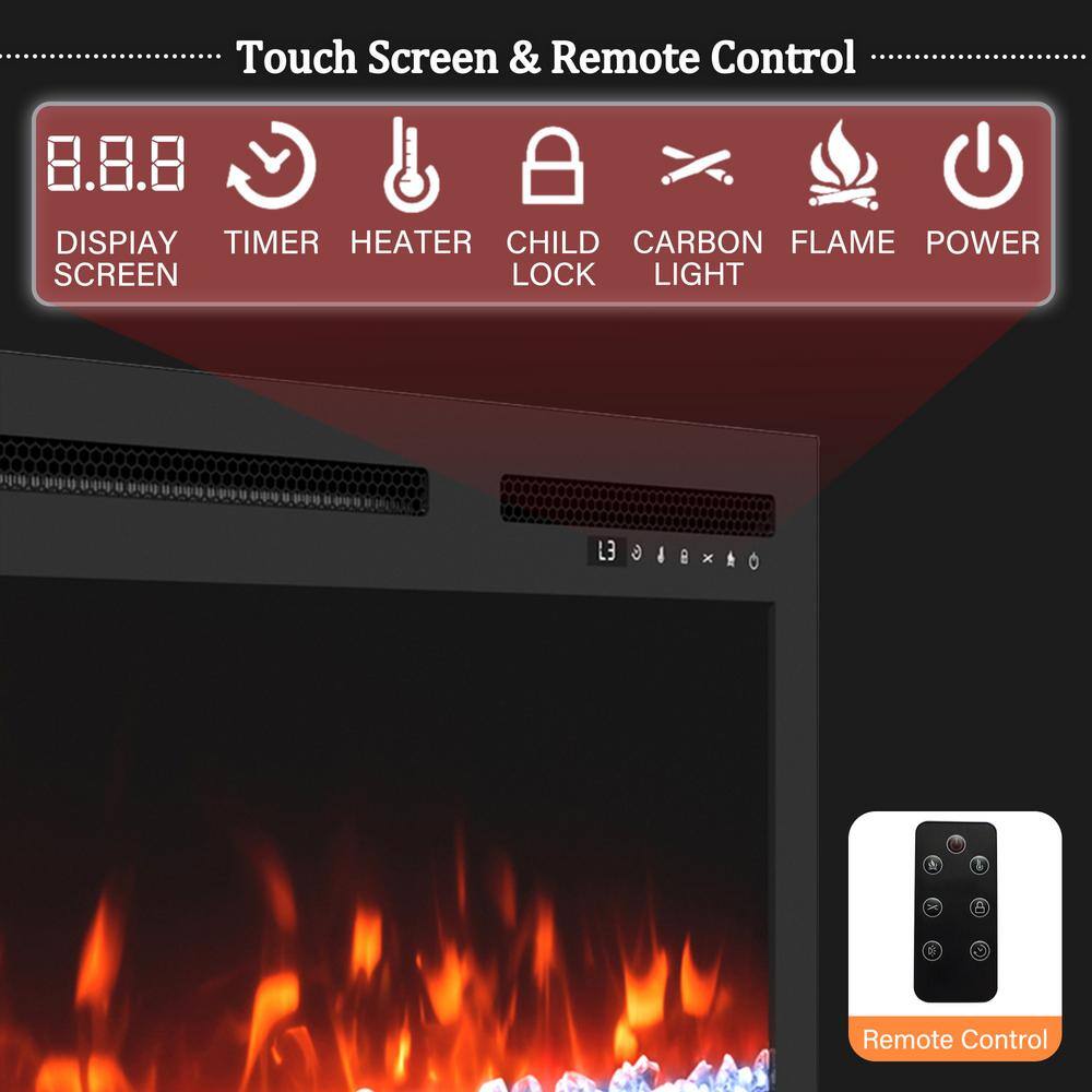 36" Black Glass Wall-Mount Electric Fireplace with Remote Control