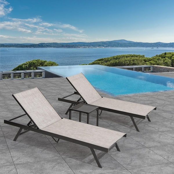 Crestlive Products 3-Piece Aluminum Adjustable Outdoor Chaise Lounge in Beige and Glass Table