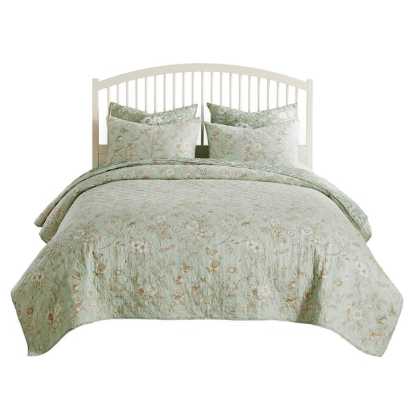 Olivia Floral Mint 3-Piece Cotton Blend Full/Queen Quilt Set
