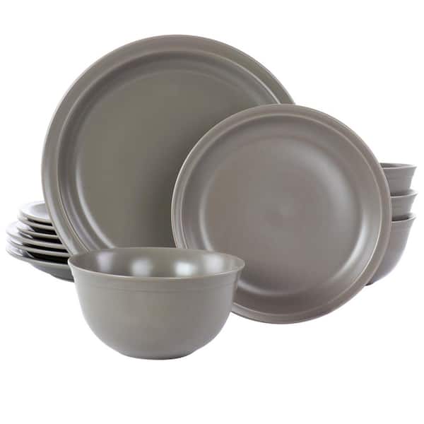 Gibson Home Siam 12-Piece Round Stoneware Dinnerware Set in Warm Grey