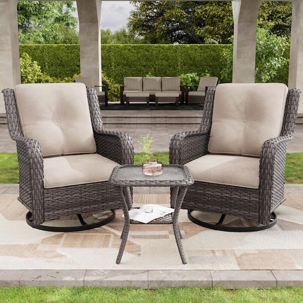 3-Piece Wicker Patio Swivel Outdoor Rocking Chair Set with Beige Cushions and Table