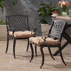 Cayman Antique Matte Black Removable Cushions Metal Outdoor Dining Chair with Tuscany Cushion (2-Pack)