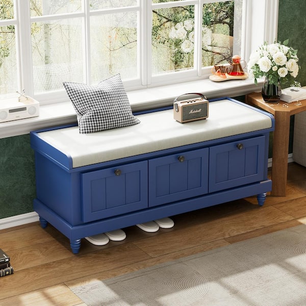 Navy Blue Classic Storage Bench with Cushioned Seat and Three Drawers (44 in. W x 15.9 in. D x 18.9 in. H)
