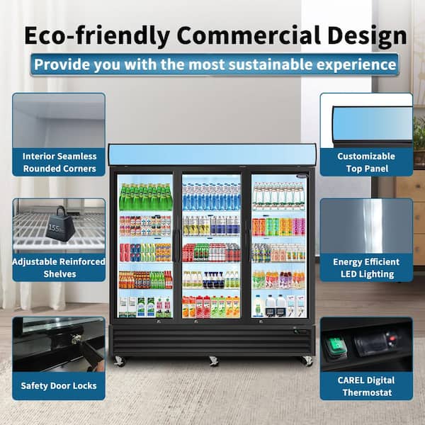 80 in. 70 cu. ft. Commercial Upright Merchandiser Refrigerator in Black with Tempered Glass Door and LED Top Panel