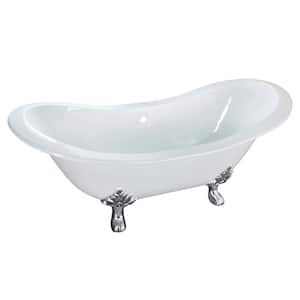 61 in. Cast Iron Double Slipper Clawfoot Bathtub in White with Feet in Polished Chrome