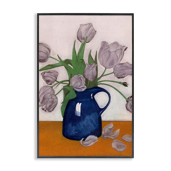 Stupell Industries Falling Tulip Petals Vase by Incado Black Framed Nature Giclee Art Print 18 in. x 12 in.