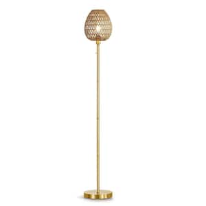 Kuta 68 in. Brushed Brass Metal Standard Floor Lamp with Rattan Shade