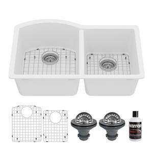 QU-610 Quartz/Granite 32 in. Double Bowl 60/40 Undermount Kitchen Sink in White with Bottom Grid and Strainer