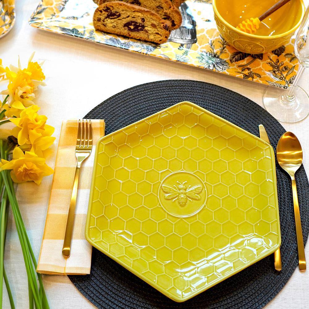 Yellow Embossed Honeycomb Ceramic Dinner Plates, Set of 4