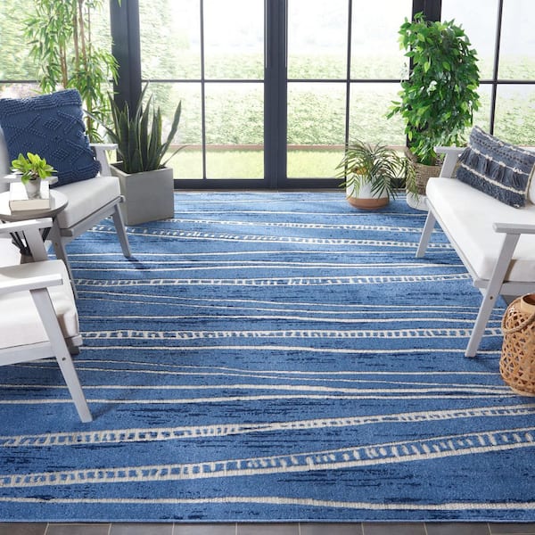 Cottage Blue 9 ft. x 12 ft. Abstract Striped Indoor/Outdoor Area Rug