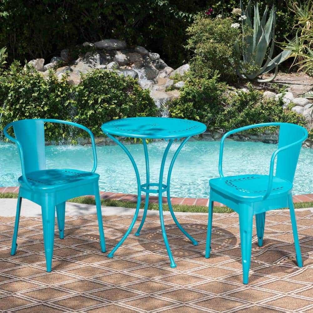 Teal 3-Piece Metal Outdoor Bistro Set, Patio Furniture Set Water-resistant 