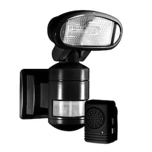 220-Degree Outdoor Black Motorized Motion-Tracking Halogen Security Light with Wireless Indoor Audio Alarm