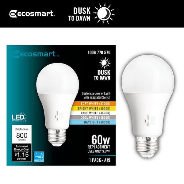 60-Watt Equivalent A19 E26 Base Dimmable CEC Dusk to Dawn LED Light Bulb with Selectable Color Temperature (1-Pack)
