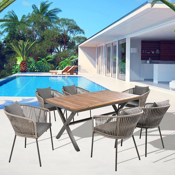 Tenleaf 7 Piece Metal Outdoor Dining Set with Gray Cushions, Pillows, Acacia Wood Tabletop
