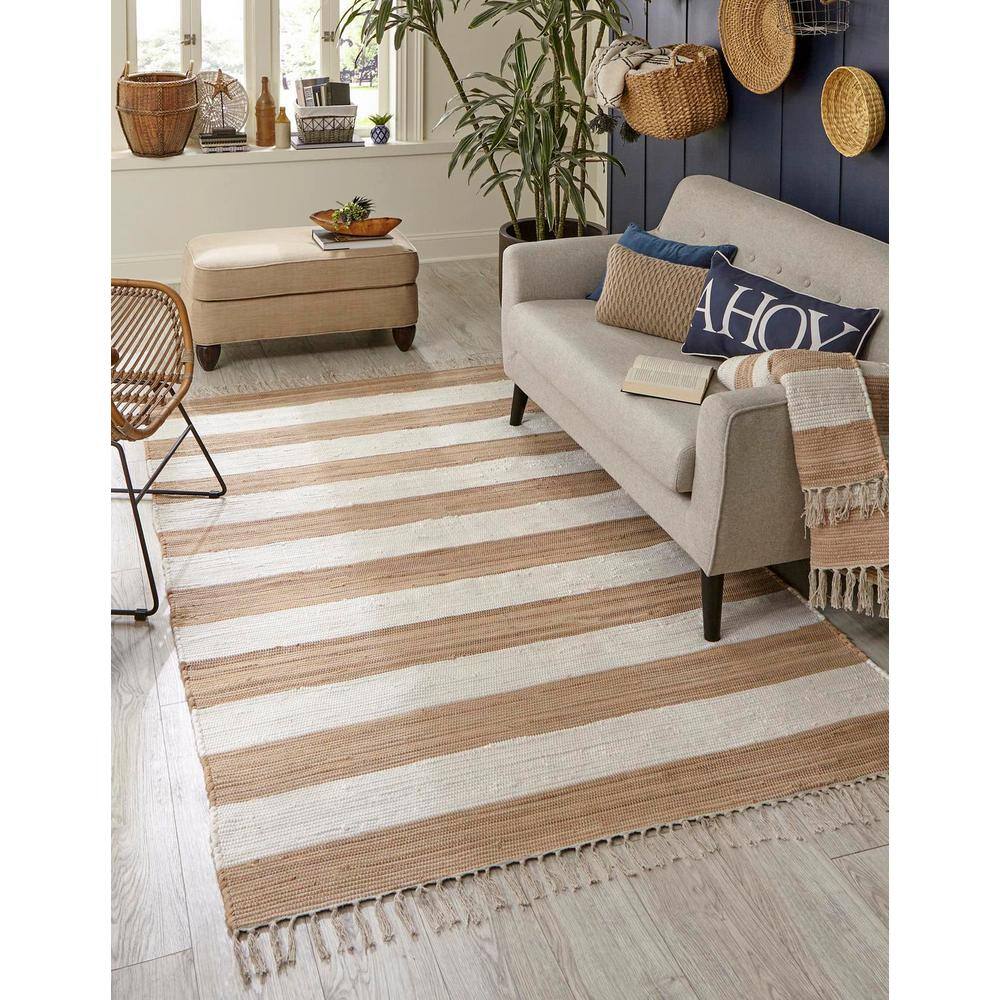 Handwoven Beige Stripe Braided Chindi Rag Rug 9' x 12'