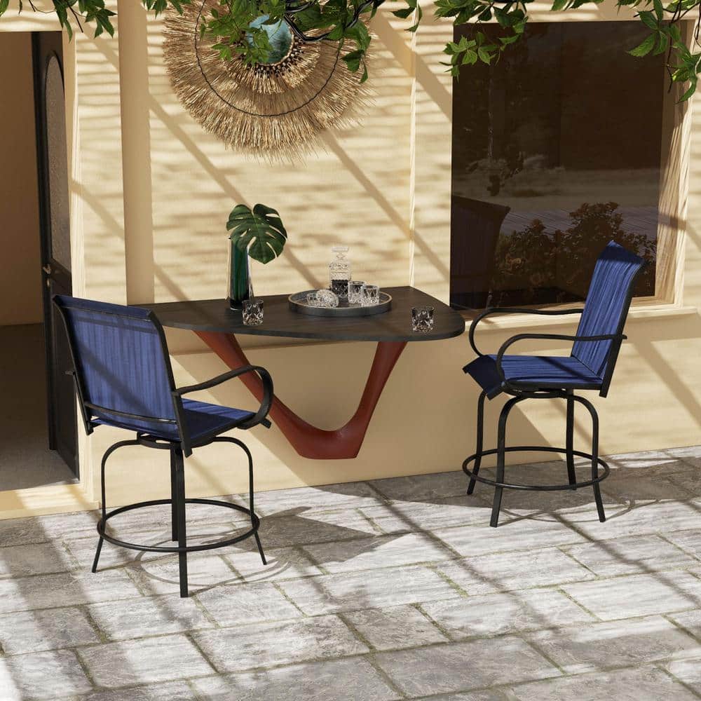 Navy Blue Steel Metal Outdoor Bar Stool with Armrests, Swivel Bar Height Ch