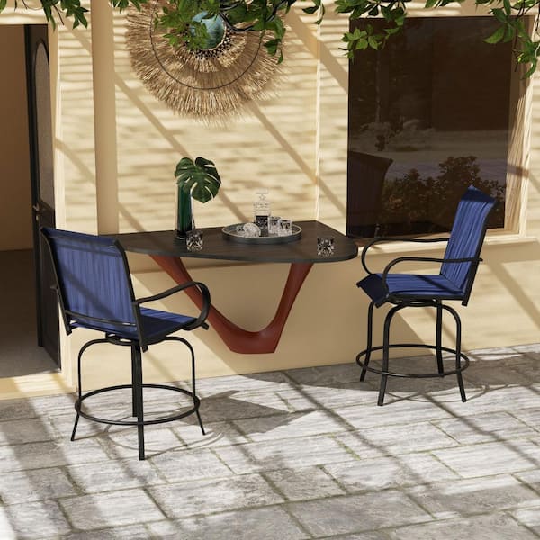 Unbranded Navy Blue Steel Metal Outdoor Bar Stool with Armrests, Swivel Bar Height Chairs with High-Density Mesh Fabric, Set of 2