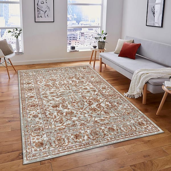 Alpine 8 x 10 Gray/Orange Bordered Pattern Area Rug for High Traffic Living Room Dining Room Bedroom