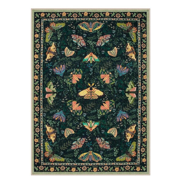 Animal & Insect Floral Print Machine Washable Non Slip Backing Green 5 ft. x 7 ft. Living Room/Bedroom Area Rug