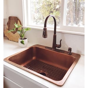 Angelico 25 in. 4-Hole Drop-In Single Bowl 17 Gauge Antique Copper Kitchen Sink