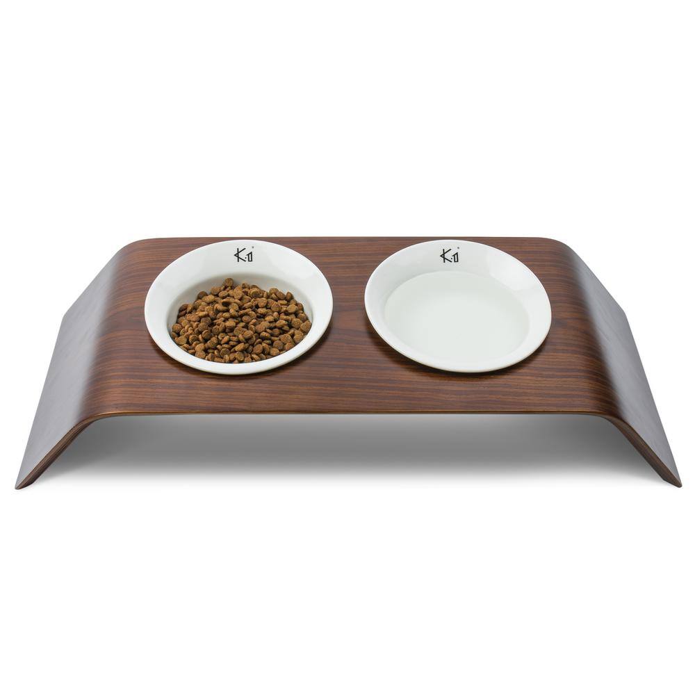Walnut Elevated Ceramic Pet Food Table with Dual Bowls