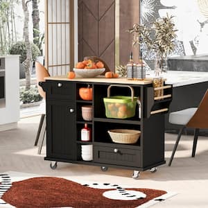 Black Kitchen Island Cart Wood Desktop Storage Cabinet and 2-Locking Wheels with Towel Holder