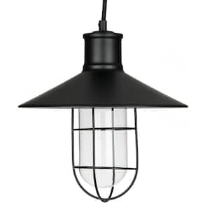1-Light Satin Black Vintage Caged Canopy Pendant Light Fixture with Glass Shade