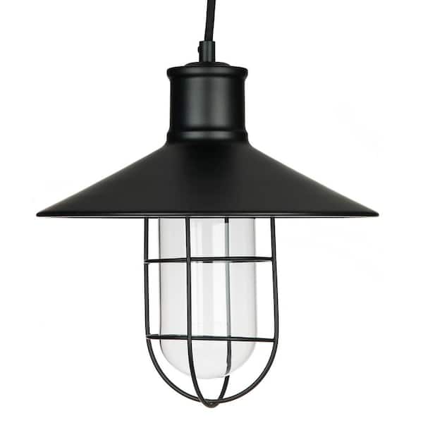 Sunlite 1-Light Satin Black Vintage Caged Canopy Pendant Light Fixture with Glass Shade