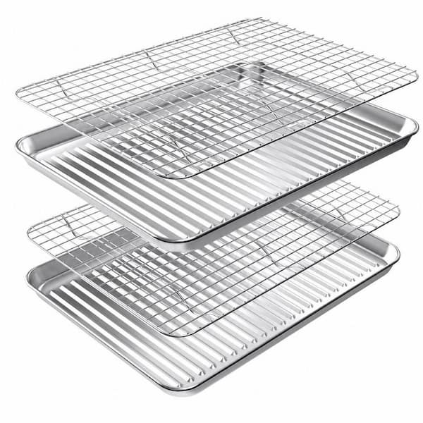 Stainless Steel Baking Sheet with Rack Set, Nonstick Cookie Sheet & Cooling Rack Combo, 2 Pans + 2 Racks Pack
