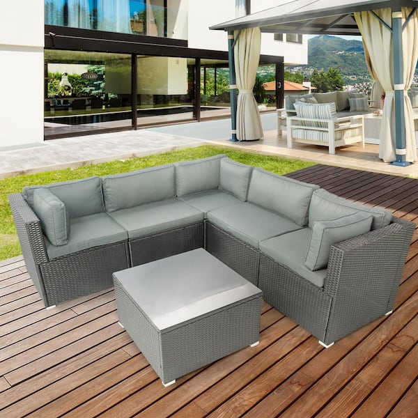 Nestfair Black 6-Piece Wicker Patio Conversation Set with Gray Cushions and Coffee Table