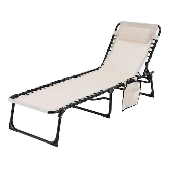 VEIKOUS White Outdoor Metal Folding Chaise Lounge Chair Fully Flat for Beach with Pillow and Side Pocket
