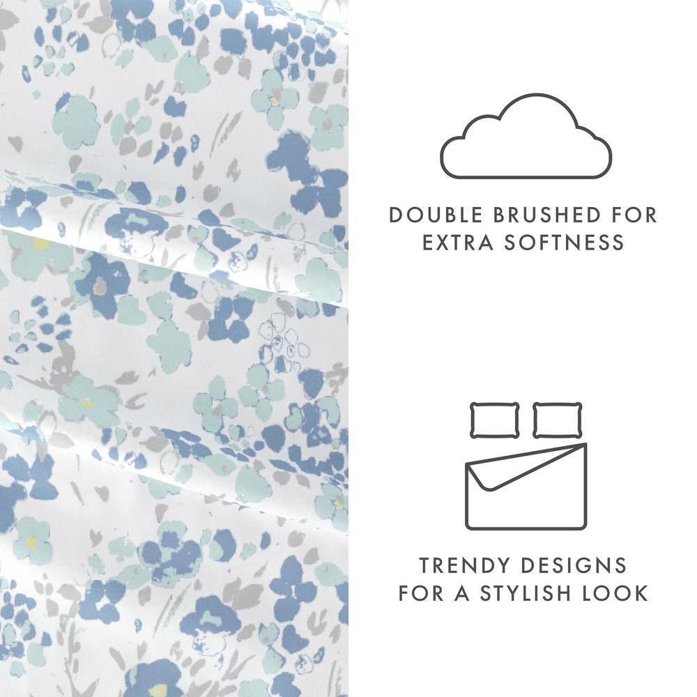 Queen Light Blue Floral Microfiber Deep Pocket Sheet Set