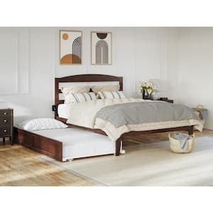 Warren 60-1/4 in. W Walnut Queen Solid Wood Frame with Twin XL Pull Out Trundle Bed and USB Charger Platform Bed