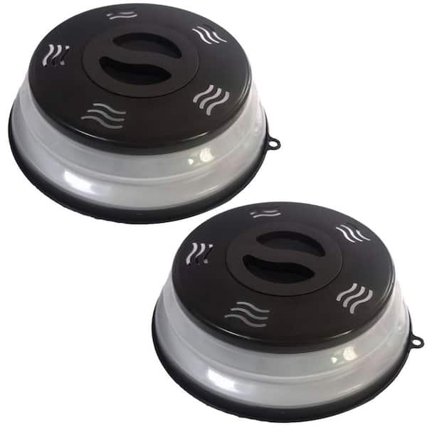 2-Pack Black Microwave Plate Cover Collapsible BPA-Free Silicone Plastic Vented Lid with Hook Dishwasher-Safe