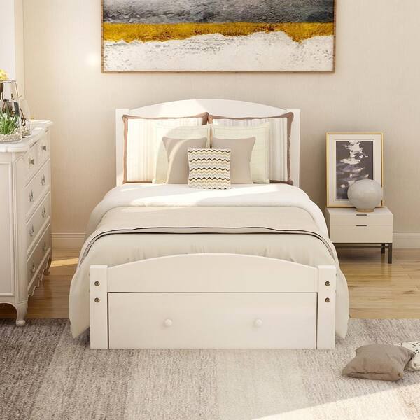 Anbazar Twin Size White Platform Bed, Kid Bed Frame With Storage