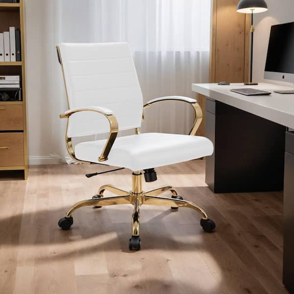 Benmar Leather Mid-Back Office Chair with Armrests and Adjustable Height, Tilt, Swivel in Gold Stainless Steel, White