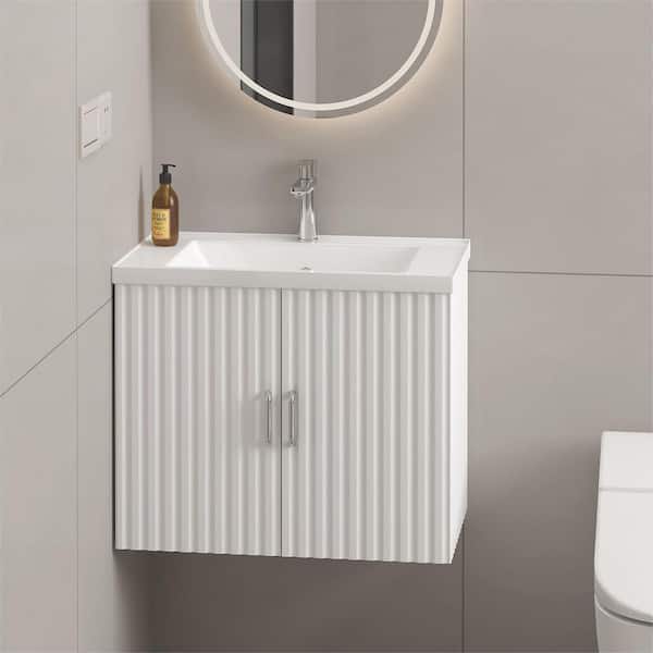 Zeus & Ruta 24 in. W x 17.7 in. D x 18.7 in. H Floating Bath Vanity in White with White Porcelain Top and Soft Close Doors