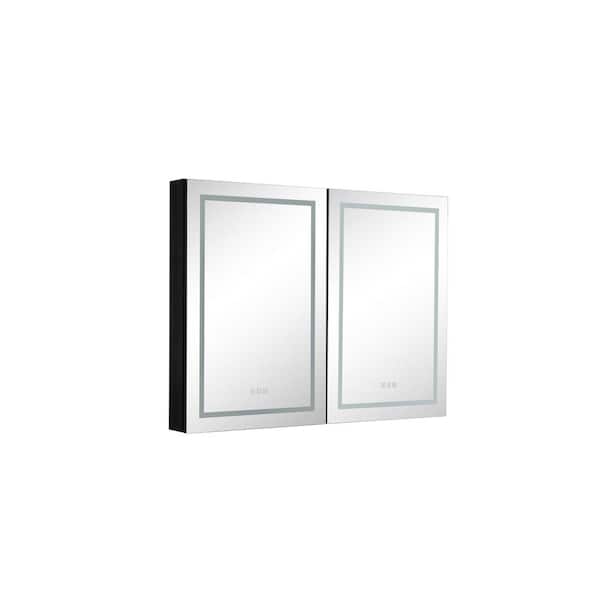 HBEZON 48 in. W x 36 in. H Black Recessed or Surface Mount Medicine Cabinet with Mirror and LED Lighting Defogger
