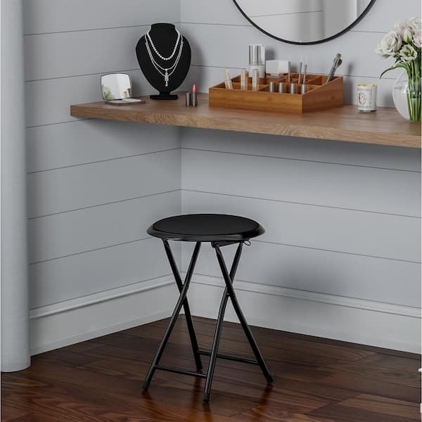 Backless 18 in. Round Folding Stool with Padded Seat, Black Portable Counter Bar Stool for Kitchen or Rec Room