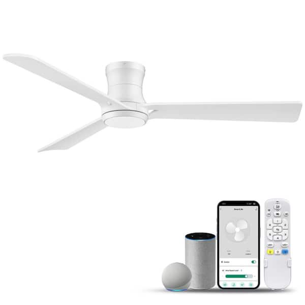 52 in.Smart Wood Outdoor Indoor White Flush Mount Ceiling Fans with Lights Remote,WIFI Alexa App workable,Quiet DC Motor
